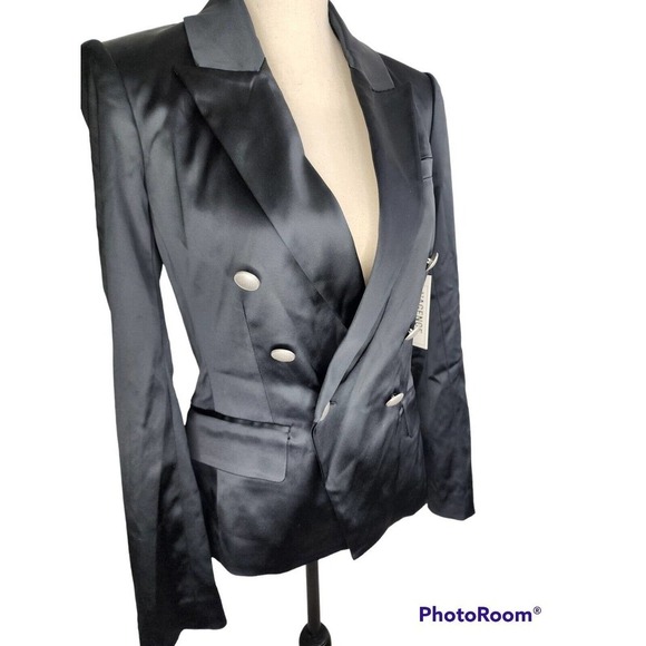 L'AGENCE Blazer Kenzie Double Breasted Black Satin Jacket Size 2 - Picture 6 of 16